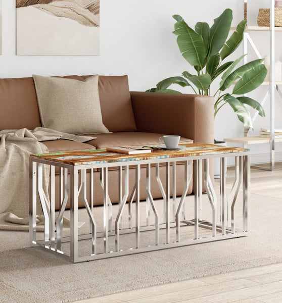 Couchtisch Silbern Edelstahl und Altholz Massiv