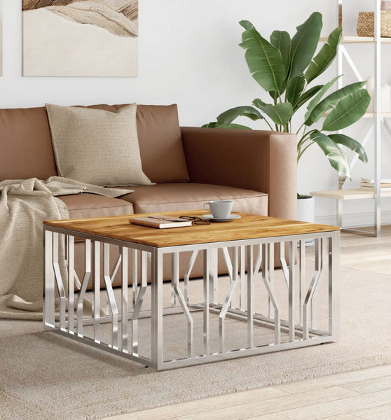 Couchtisch Silbern Edelstahl und Massivholz Akazie