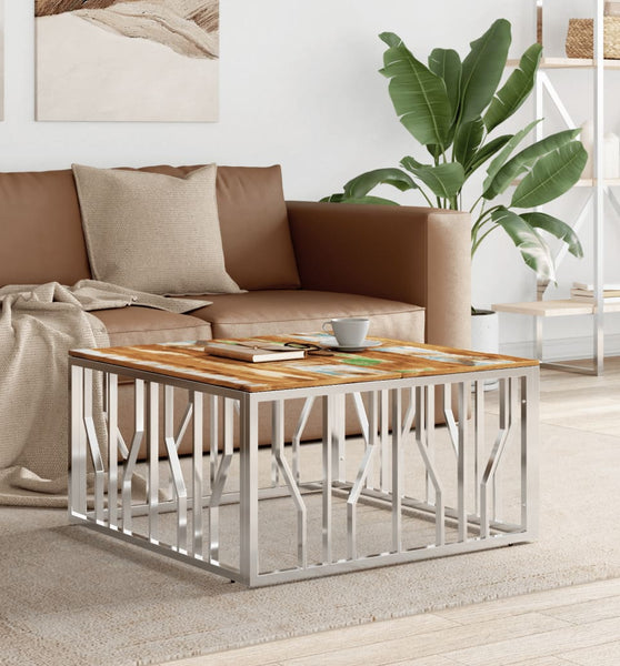 Couchtisch Silbern Edelstahl und Altholz Massiv