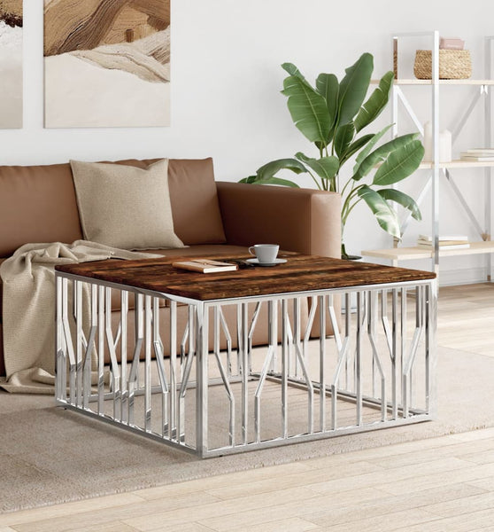 Couchtisch Silbern Edelstahl und Altholz Massiv
