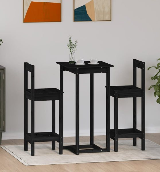3-tlg. Bar-Set Schwarz Massivholz Kiefer