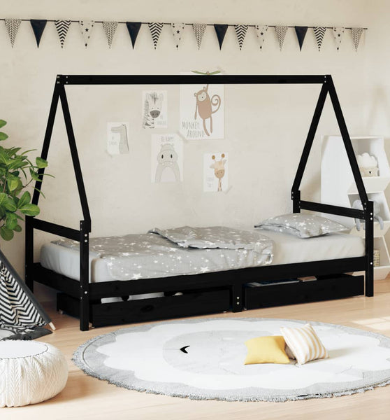 Kinderbett mit Schubladen Schwarz 80x200 cm Massivholz Kiefer