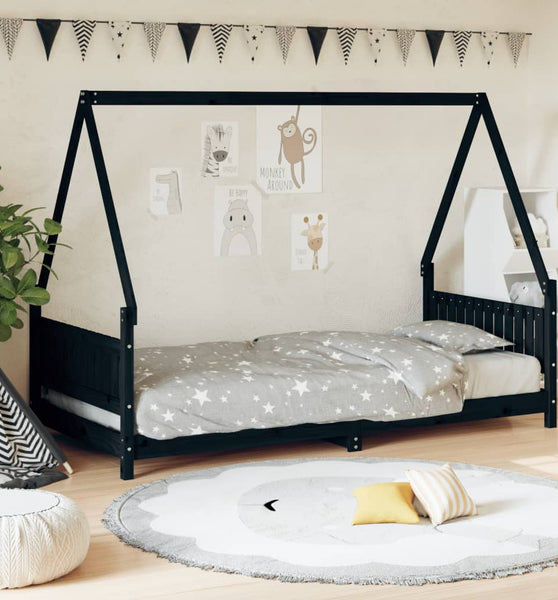 Kinderbett Schwarz 90x200 cm Massivholz Kiefer