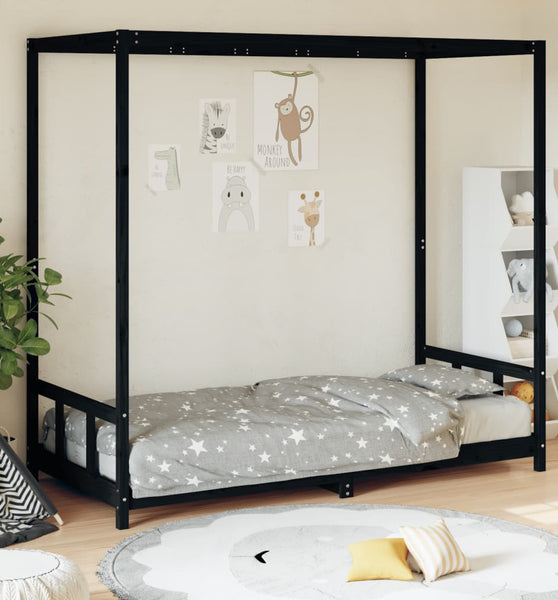Kinderbett Schwarz 90x200 cm Massivholz Kiefer