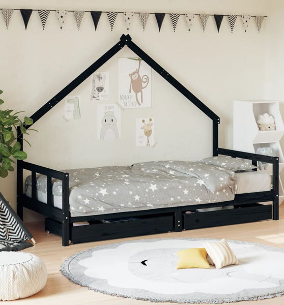 Kinderbett mit Schubladen Schwarz 90x190 cm Massivholz Kiefer