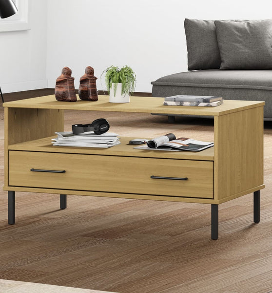 Couchtisch OSLO mit Metallbeinen Braun 85x50x45 cm Massivholz