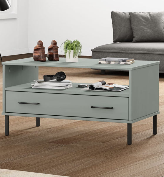 Couchtisch OSLO mit Metallbeinen Grau 85x50x45 cm Massivholz