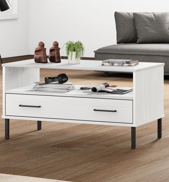 Couchtisch OSLO mit Metallbeinen Weiß 85x50x45 cm Massivholz