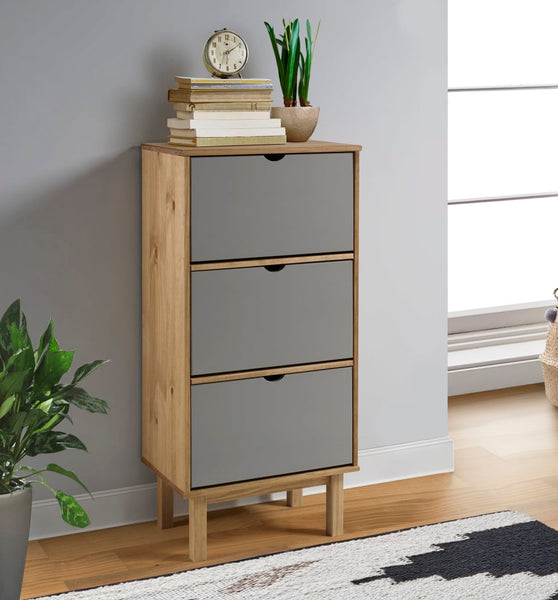 Schuhschrank OTTA mit 3 Schubladen Braun&Grau Massivholz Kiefer