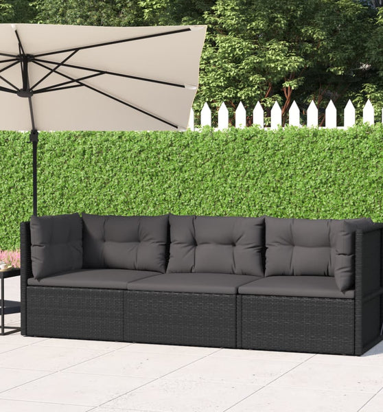 3-tlg. Garten-Lounge-Set mit Kissen Schwarz Poly Rattan