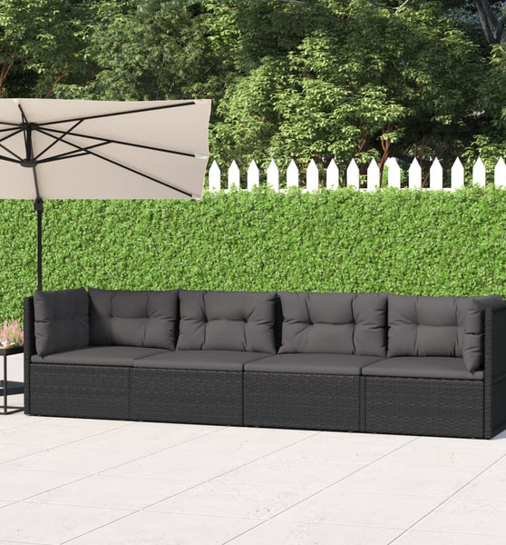 4-tlg. Garten-Lounge-Set mit Kissen Schwarz Poly Rattan