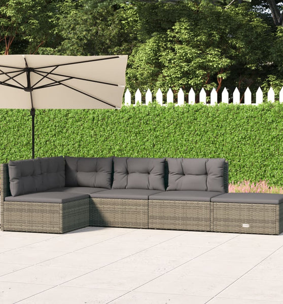 5-tlg. Garten-Lounge-Set mit Kissen Grau Poly Rattan