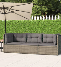 3-tlg. Garten-Lounge-Set mit Kissen Grau Poly Rattan