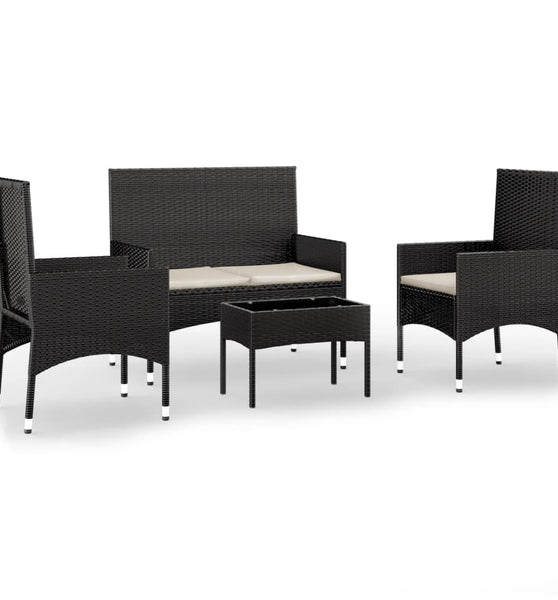 4-tlg. Garten-Lounge-Set mit Kissen Schwarz Poly Rattan