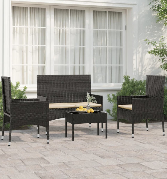 4-tlg. Garten-Lounge-Set mit Kissen Schwarz Poly Rattan