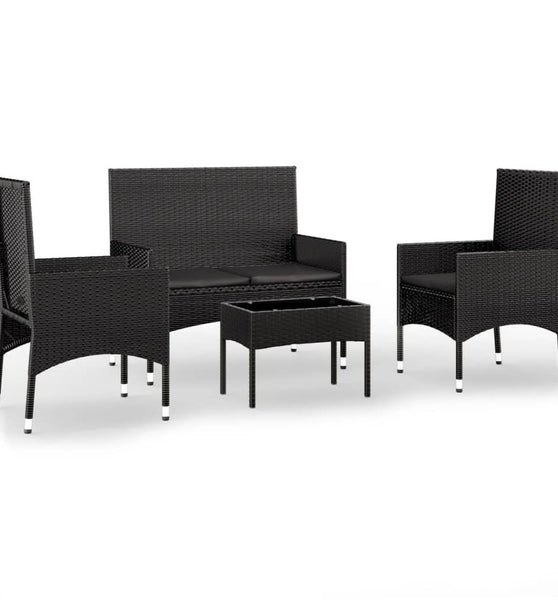 4-tlg. Garten-Lounge-Set mit Kissen Schwarz Poly Rattan