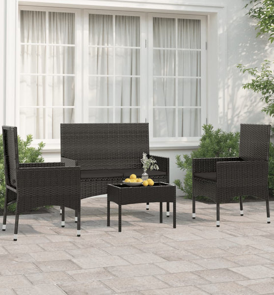 4-tlg. Garten-Lounge-Set mit Kissen Schwarz Poly Rattan