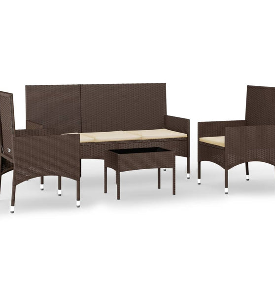 4-tlg. Garten-Lounge-Set mit Kissen Braun Poly Rattan