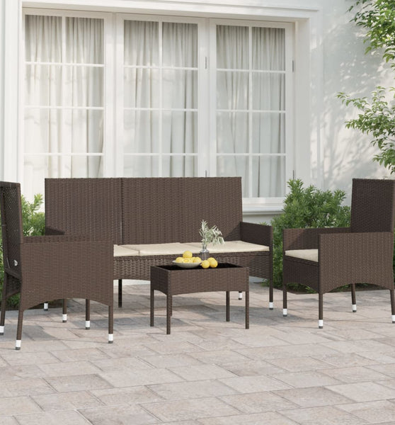 4-tlg. Garten-Lounge-Set mit Kissen Braun Poly Rattan