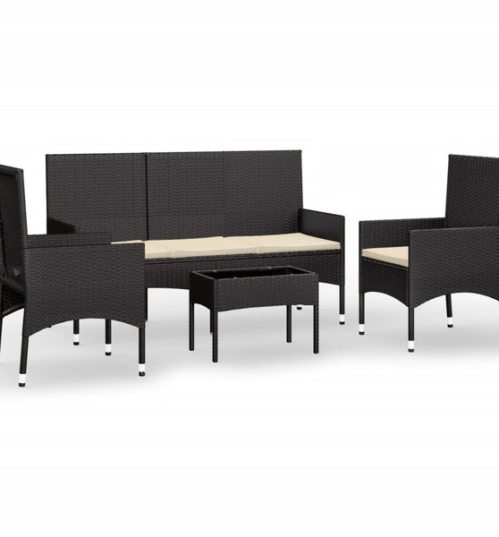 4-tlg. Garten-Lounge-Set mit Kissen Schwarz Poly Rattan