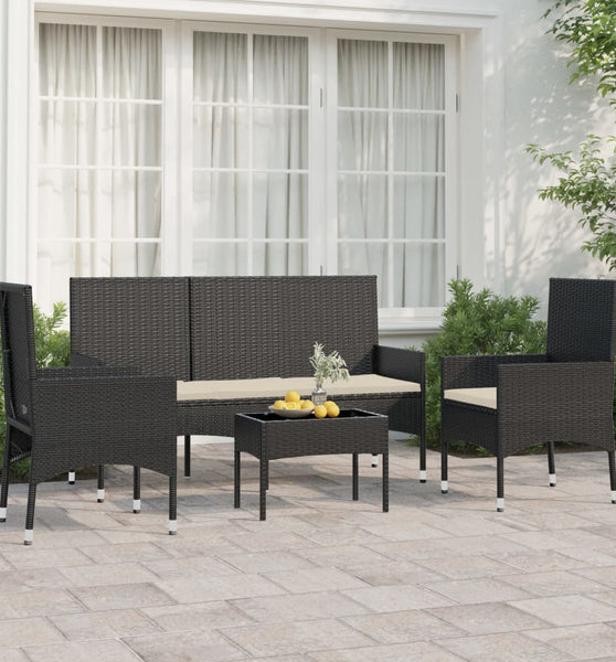 4-tlg. Garten-Lounge-Set mit Kissen Schwarz Poly Rattan