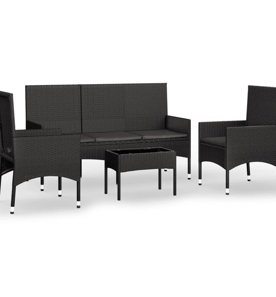 4-tlg. Garten-Lounge-Set mit Kissen Schwarz Poly Rattan