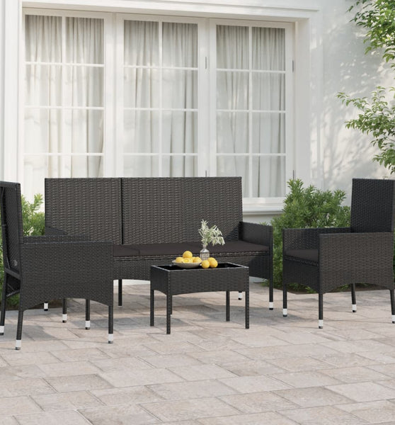 4-tlg. Garten-Lounge-Set mit Kissen Schwarz Poly Rattan