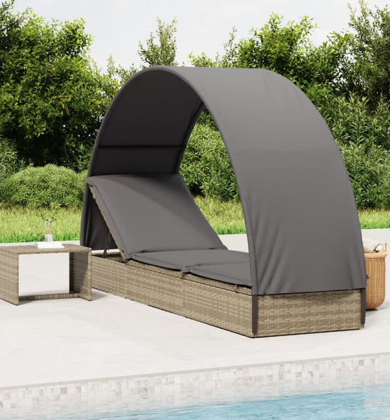 Sonnenliege mit Runddach Grau 211x57x140 cm Poly Rattan