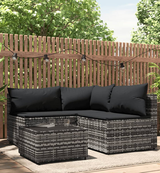 4-tlg. Garten-Lounge-Set mit Kissen Grau Poly Rattan