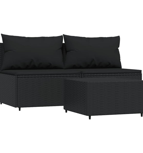 3-tlg. Garten-Lounge-Set mit Kissen Schwarz Poly Rattan