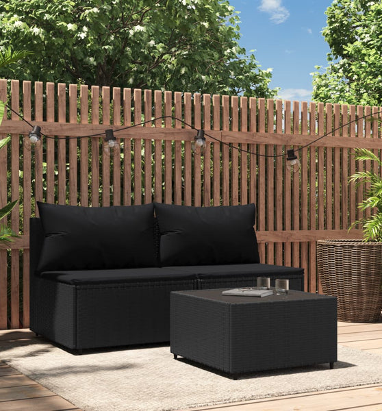 3-tlg. Garten-Lounge-Set mit Kissen Schwarz Poly Rattan