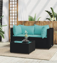 3-tlg. Garten-Lounge-Set mit Kissen Schwarz Poly Rattan