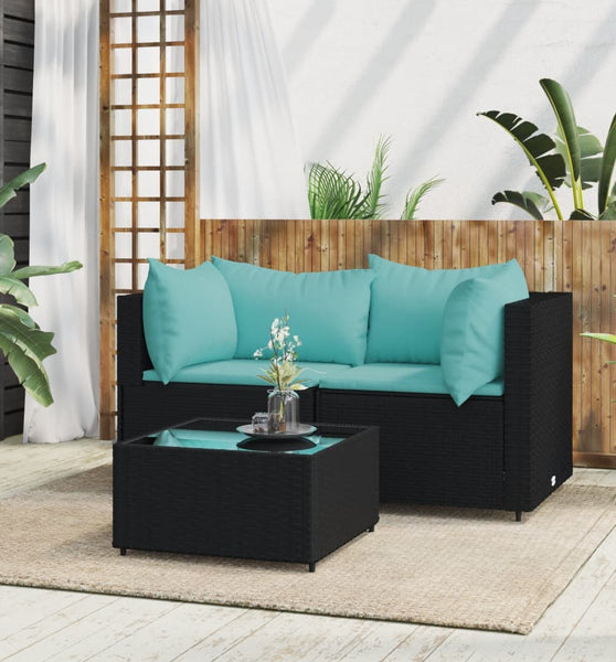 3-tlg. Garten-Lounge-Set mit Kissen Schwarz Poly Rattan