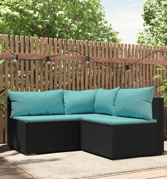 3-tlg. Garten-Lounge-Set mit Kissen Schwarz Poly Rattan