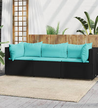 3-tlg. Garten-Lounge-Set mit Kissen Schwarz Poly Rattan