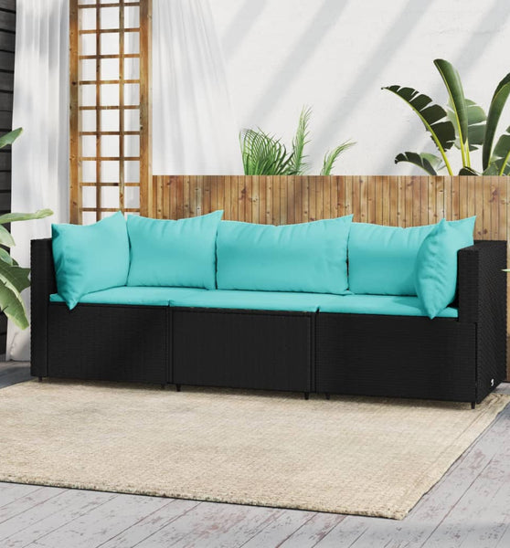 3-tlg. Garten-Lounge-Set mit Kissen Schwarz Poly Rattan