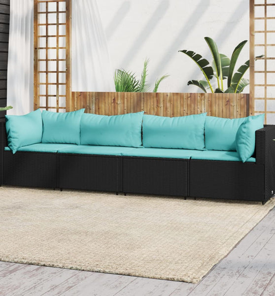 4-tlg. Garten-Lounge-Set mit Kissen Schwarz Poly Rattan