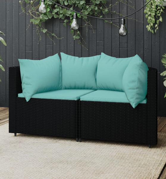 Garten-Ecksofas mit Kissen 2 Stk. Schwarz Poly Rattan