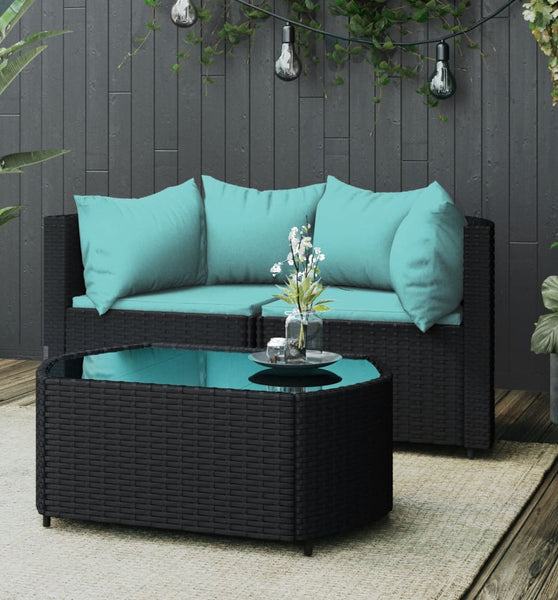 3-tlg. Garten-Lounge-Set mit Kissen Schwarz Poly Rattan