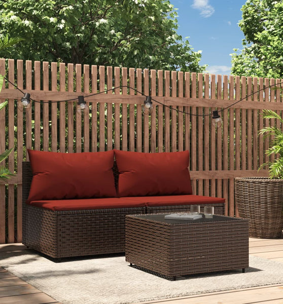 3-tlg. Garten-Lounge-Set mit Kissen Braun Poly Rattan