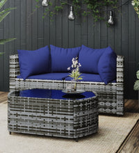 3-tlg. Garten-Lounge-Set mit Kissen Grau Poly Rattan