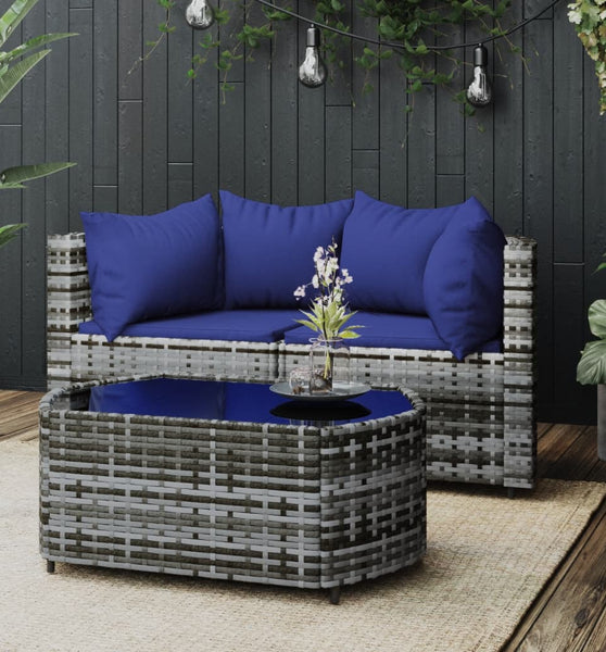 3-tlg. Garten-Lounge-Set mit Kissen Grau Poly Rattan