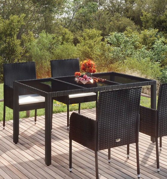 Gartentisch mit Glasplatte Schwarz 150x90x75 cm Poly Rattan