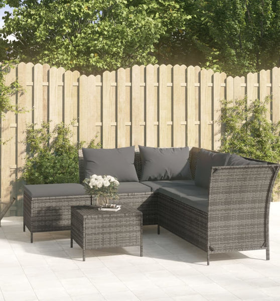 4-tlg. Garten-Lounge-Set mit Kissen Grau Poly Rattan