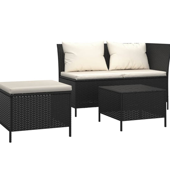 3-tlg. Garten-Lounge-Set mit Kissen Schwarz Poly Rattan