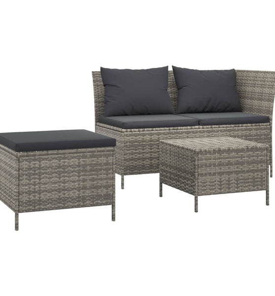 3-tlg. Garten-Lounge-Set mit Kissen Grau Poly Rattan