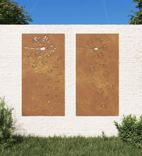 2-tlg. Garten-Wanddeko 105x55 cm Cortenstahl Blumen-Design