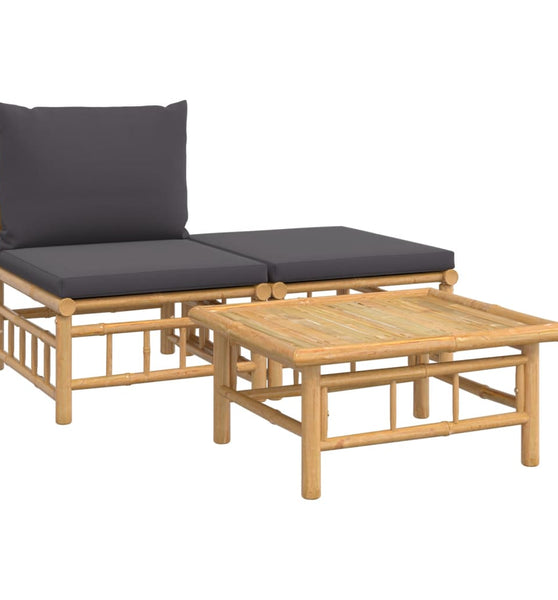 3-tlg. Garten-Lounge-Set mit Dunkelgrauen Kissen Bambus