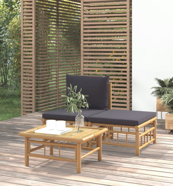 3-tlg. Garten-Lounge-Set mit Dunkelgrauen Kissen Bambus