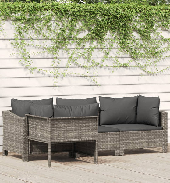 4-tlg. Garten-Lounge-Set mit Kissen Grau Poly Rattan